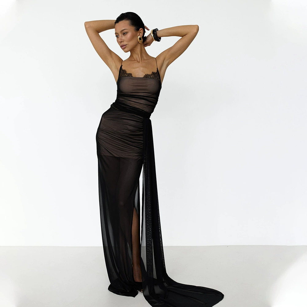 ZARA Sexy Sheer Low Cut Cami Mesh Maxi Dress Floor Length Women